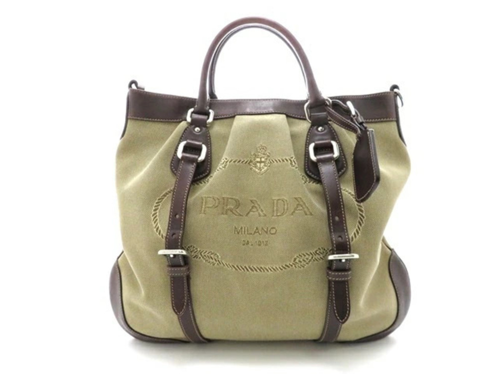 Prada Shoulder Bag Canvas Calfskin Khaki Green Brown